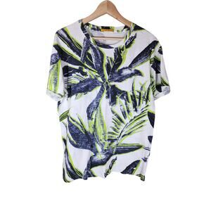 Y TWO JEANS Blue Green Tropical Palm Short Sleeve Cotton Top SZ XL